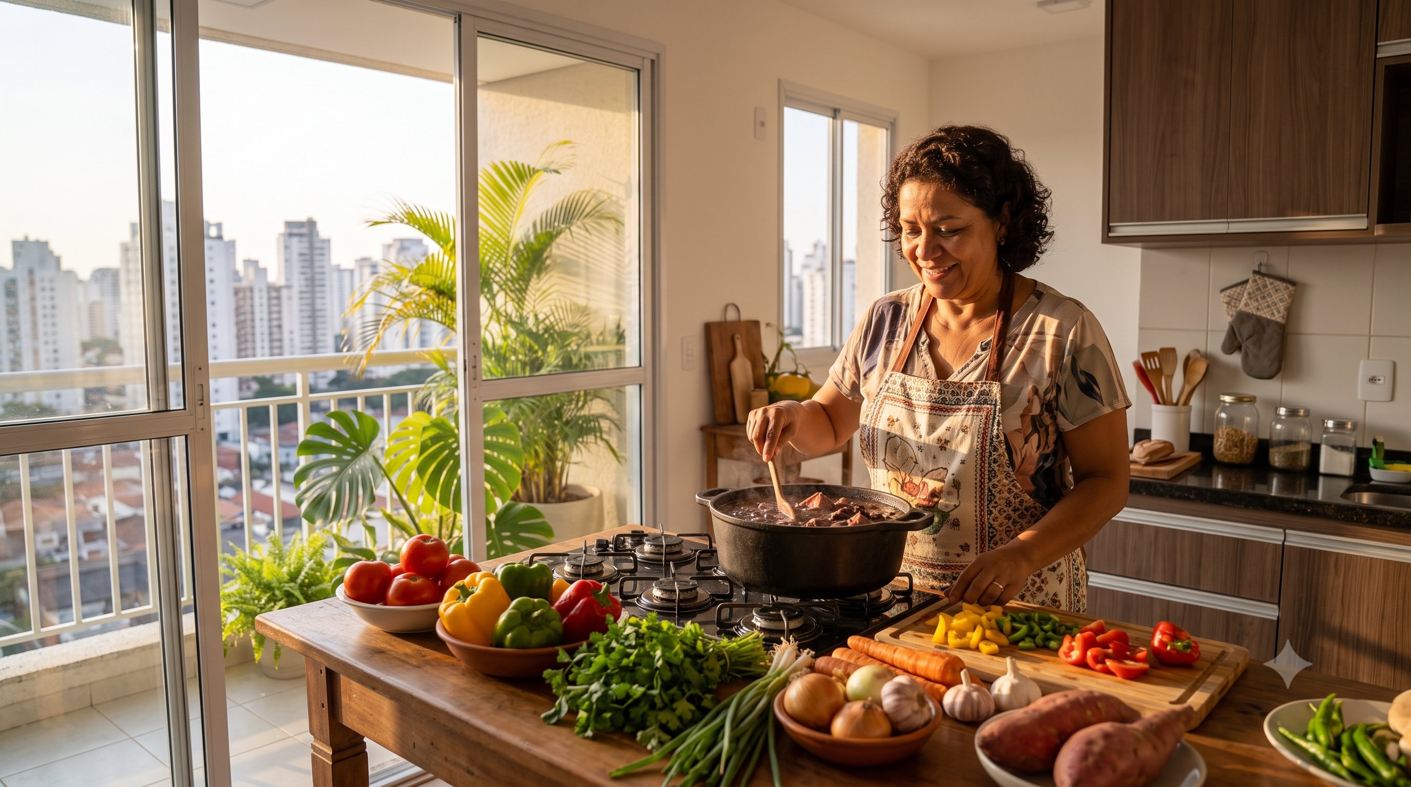 Cozinheira preparando uma refeição no fogão de uma casa
